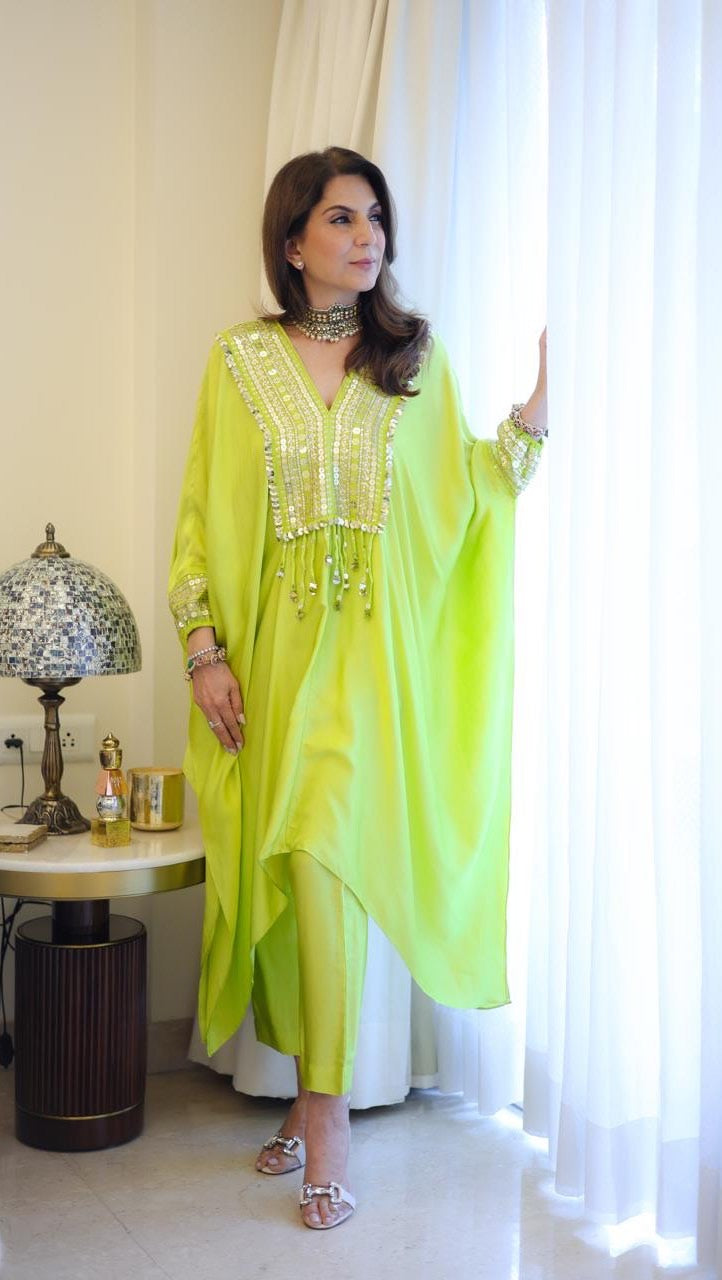 Neon Green Satin Crepe Kaftan Set With Zari Embroidery, Sequins Work And Matching Potli