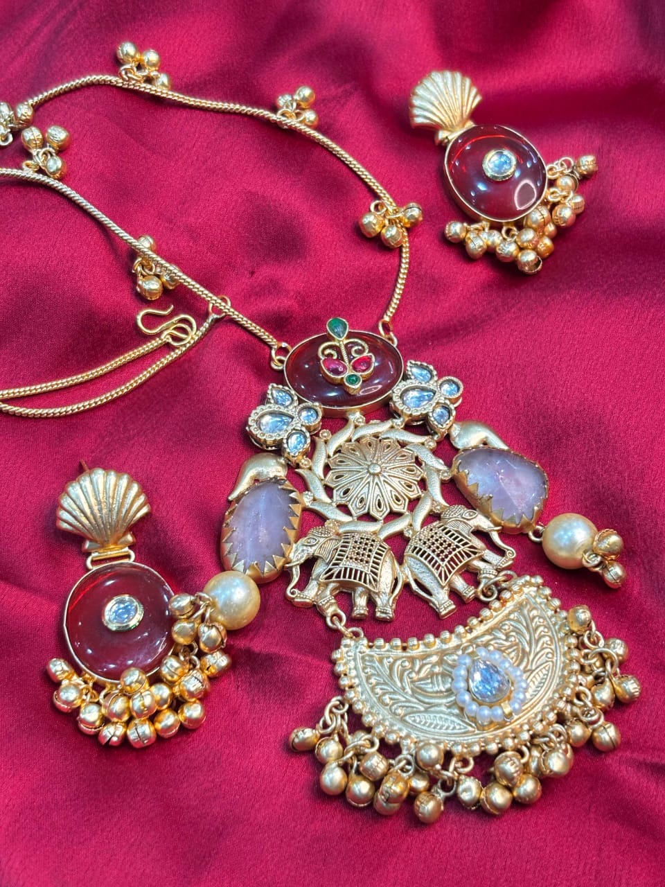 Partywear Designer Brass Base Chain Pendant Set With Earrings with Ghungroo