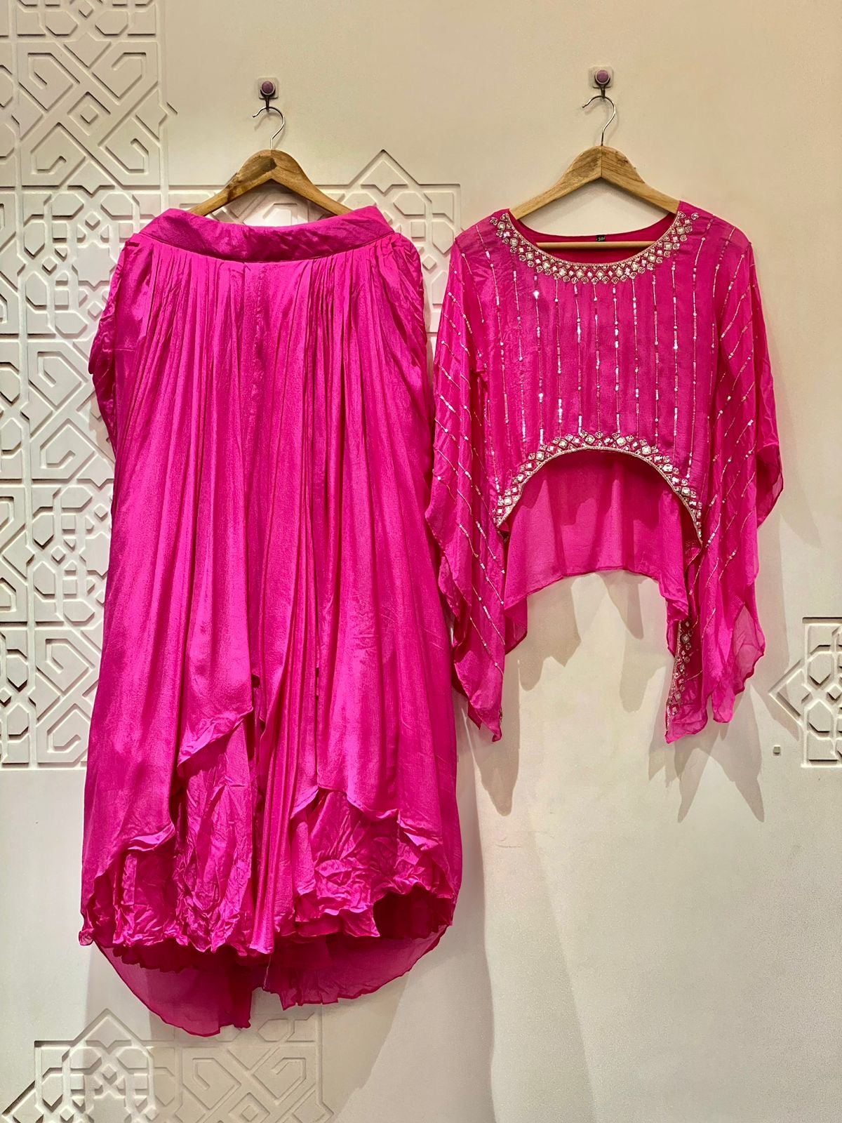 Designer Partywear Hot Pink Drape Skirt With Kaftan Style Top