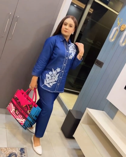 Soft Denim Coord Set With Kashmiri Embroidery