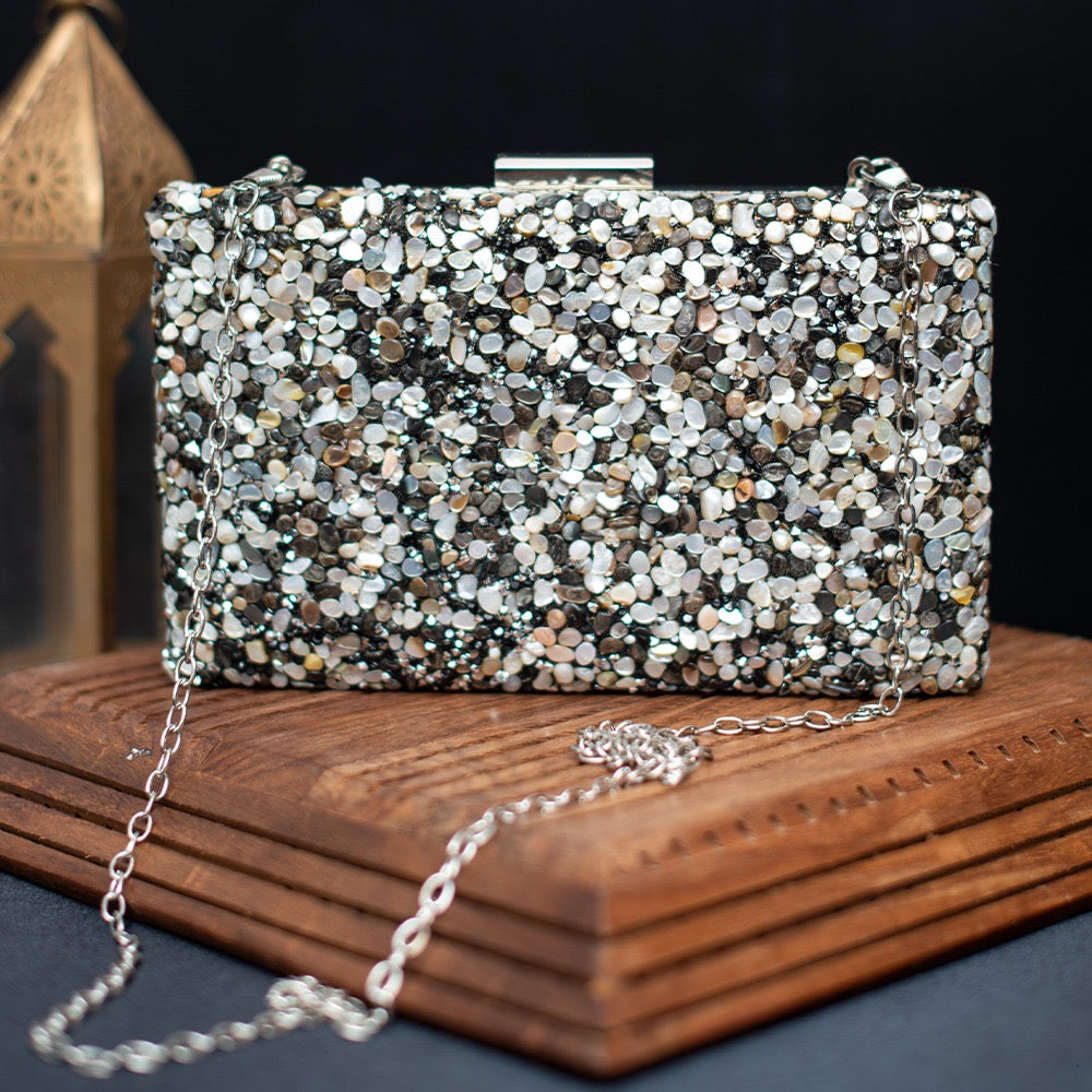 Black & Grey Gravel Stoned Metallic Evening Bag