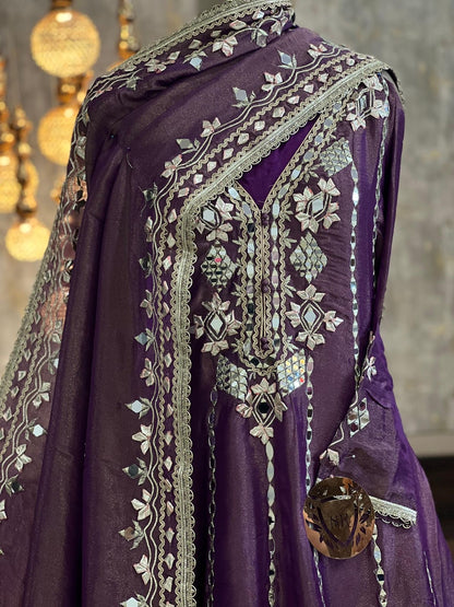 Designer Partywear Shimmer Tissue Anarkali Suit With Gota Patti And Mirror Work