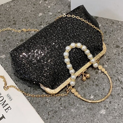 Designer Partywear Black Chain Strap Sequin Faux Pearl Kiss Lock Evening Bag