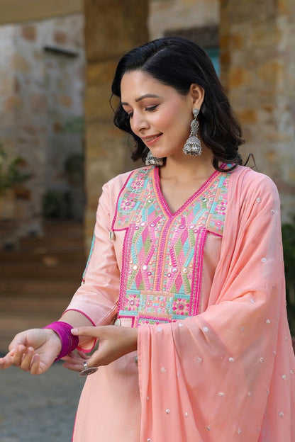 Peach Embroidered Cotton Suit With Complimentary Purse
