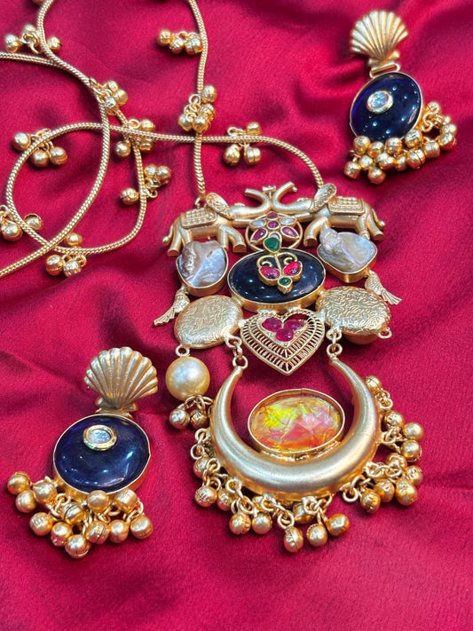 Partywear Designer Brass Base Chain Pendant Set With Earrings with Ghungroo