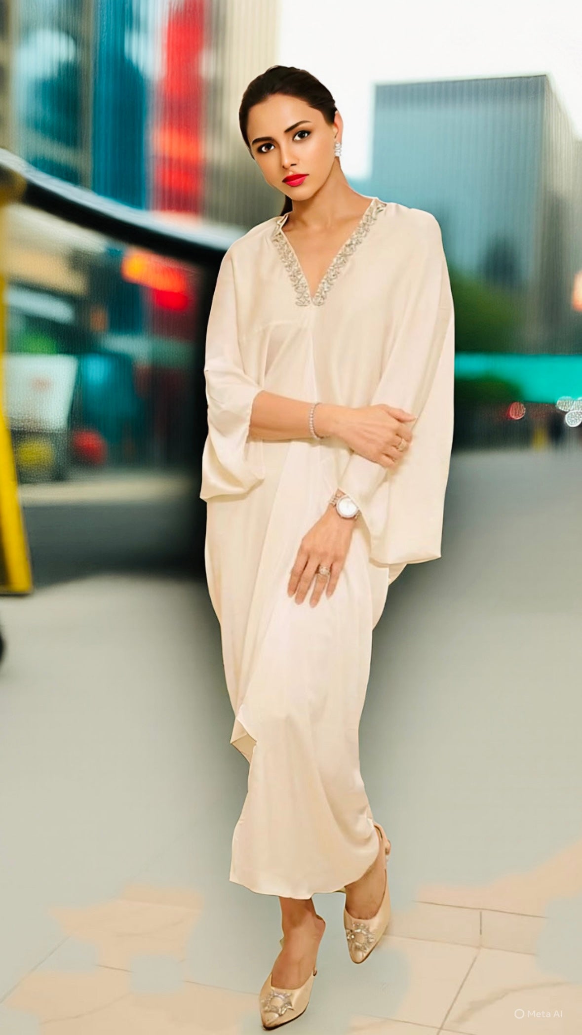 Imported Premium Satin Rhinestone Neckline Kaftan Dress