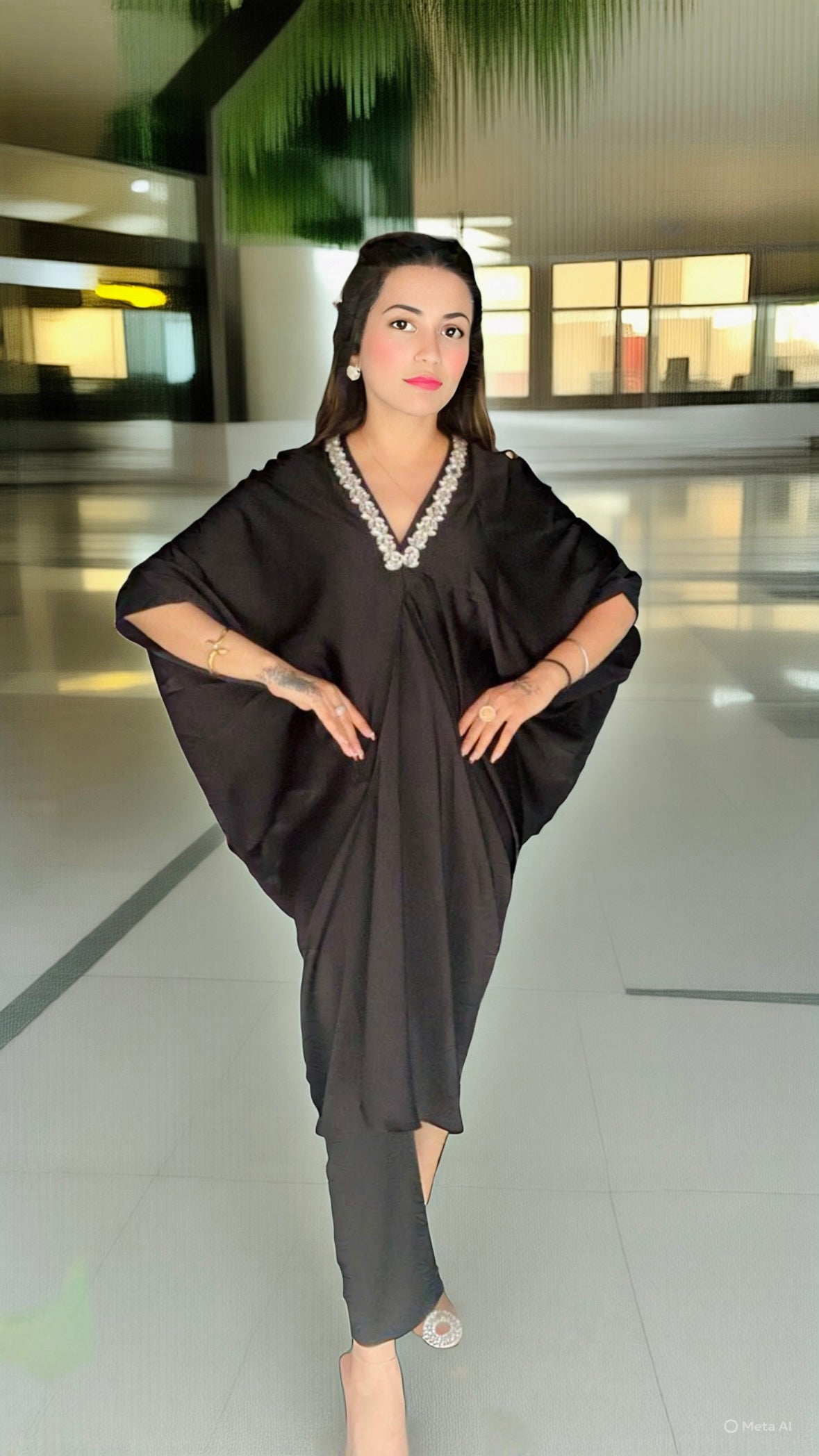 Imported Premium Satin Rhinestone Neckline Kaftan Dress