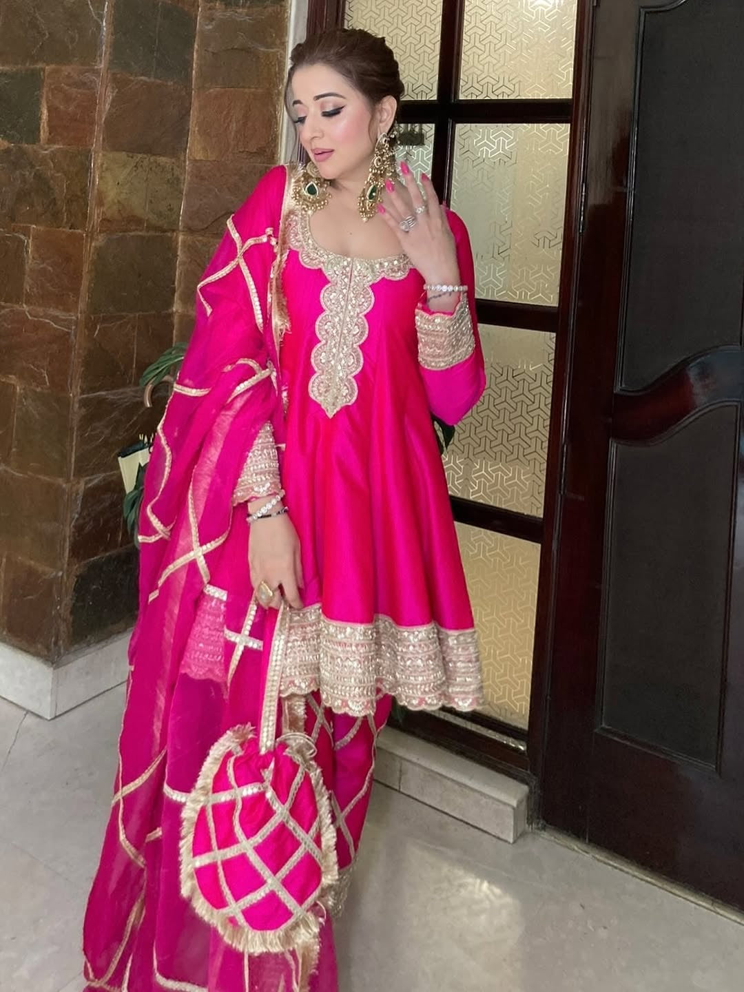 Hot Pink Designer Partywear Silk Short Anarkali Suit With Gota Work