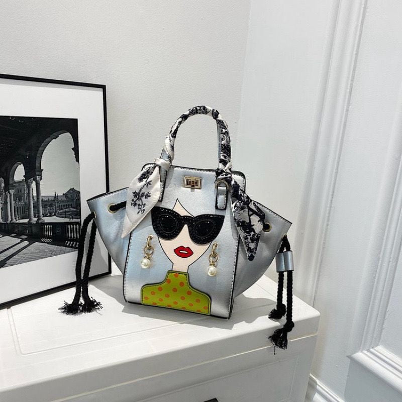 Imported Designer Diva Crossbody Handbag with Graffiti and Silk Scarf