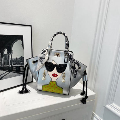 Imported Designer Diva Crossbody Handbag with Graffiti and Silk Scarf