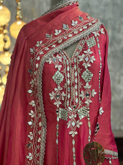 Red Designer Partywear Shimmer Tissue Anarkali Suit With Gota Patti And Mirror Work