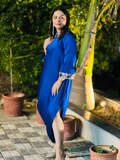 Royal Blue Premium Satin Cowl Dress With Handwork On Collar & Sleeves
