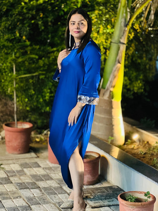 Royal Blue Premium Satin Cowl Dress With Handwork On Collar & Sleeves