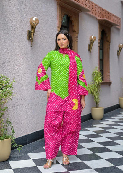 Designer Bandhej Flower Patch Pure Cotton Kurta With Farshi Salwar