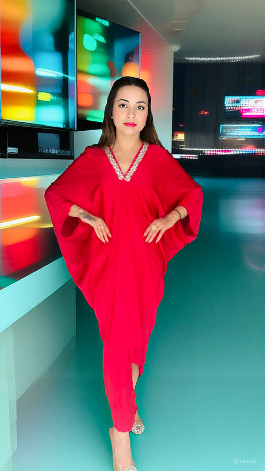 Imported Premium Satin Rhinestone Neckline Kaftan Dress