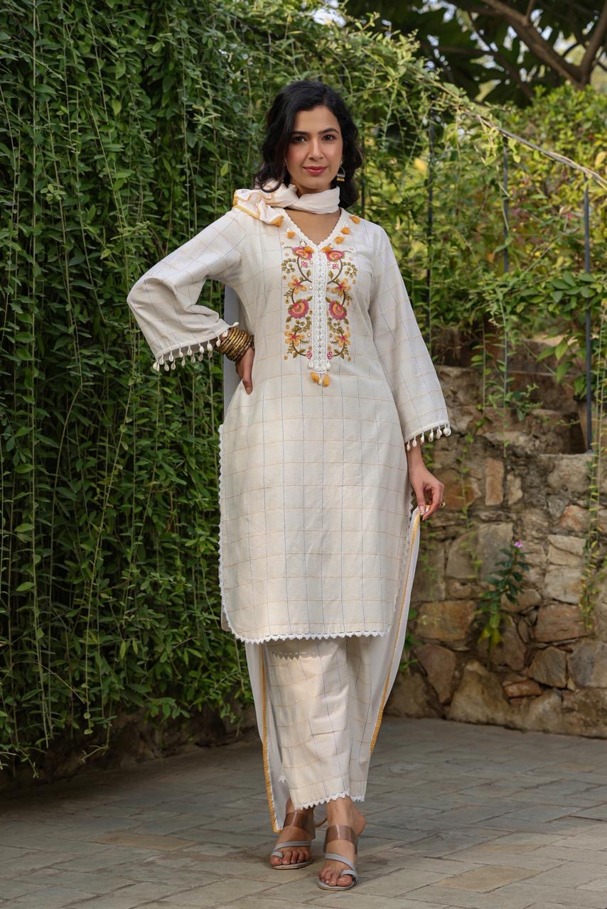 Women’s Cream Colour Pure Cotton Embroidered Designer Kurta Pant Set