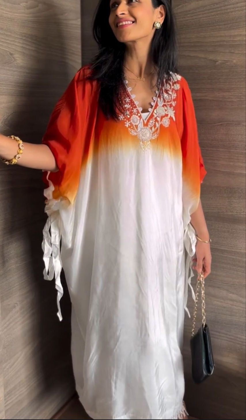 Off White and Rust Orange Ombre Kaftan Tunic with Pant