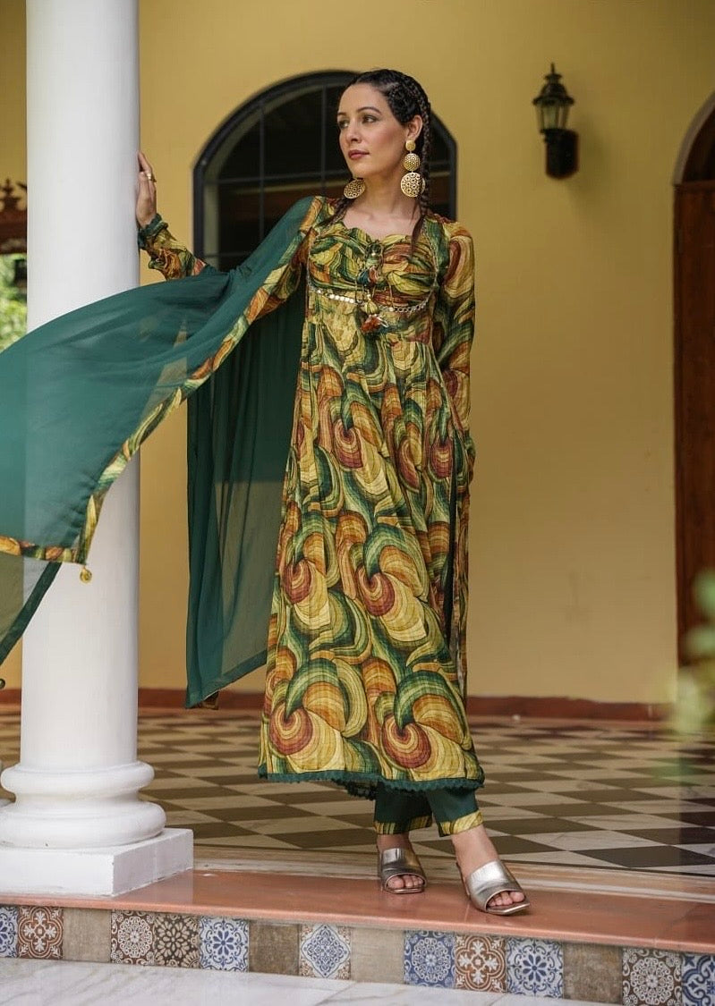 Dark Green Digital Print Chinon Nyra Cut Kurti Pant Set With Dupatta