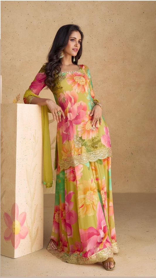 Digital Print pure chinon silk sharara suit