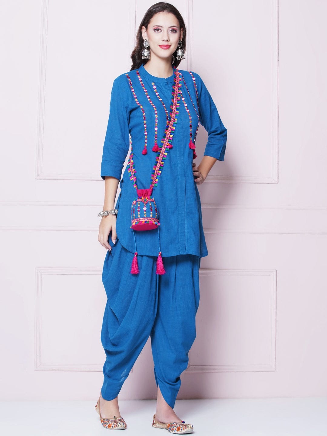 Blue Designer Mirror Work Embroidered Tunic With Dhoti Pants & Sling Potli