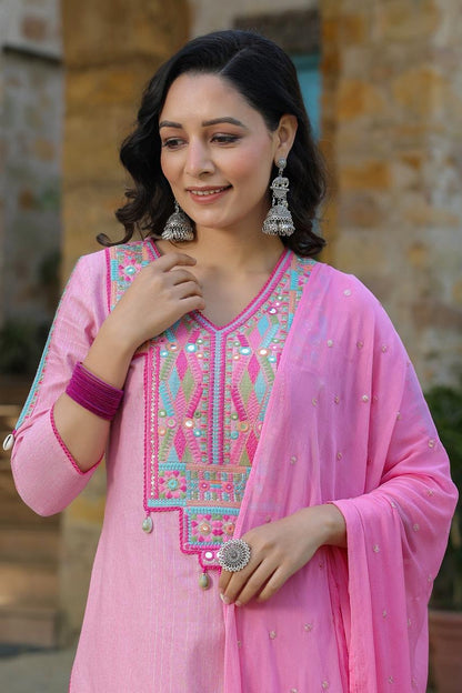 Pink Embroidered Cotton Suit With Complimentary Purse
