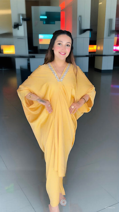 Imported Premium Satin Rhinestone Neckline Kaftan Dress