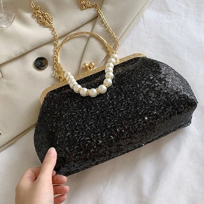 Designer Partywear Black Chain Strap Sequin Faux Pearl Kiss Lock Evening Bag