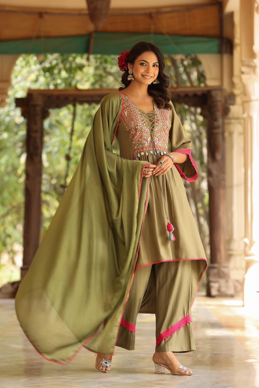 Mehendi Green Pure Mul Cotton Hi-Lo Salwar Suit