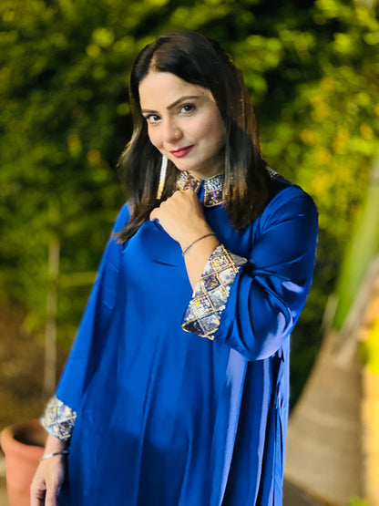 Royal Blue Premium Satin Cowl Dress With Handwork On Collar & Sleeves