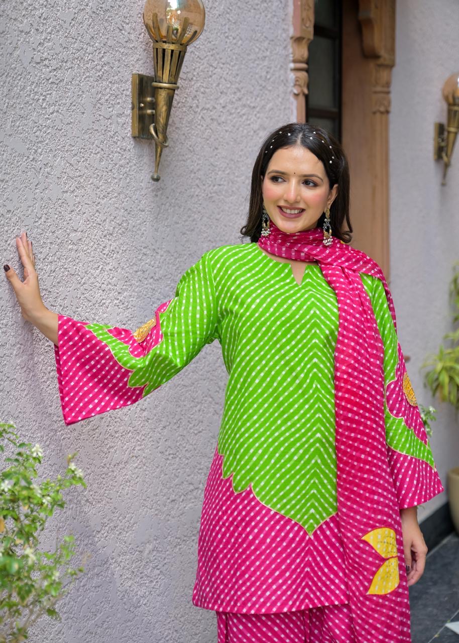 Designer Bandhej Flower Patch Pure Cotton Kurta With Farshi Salwar