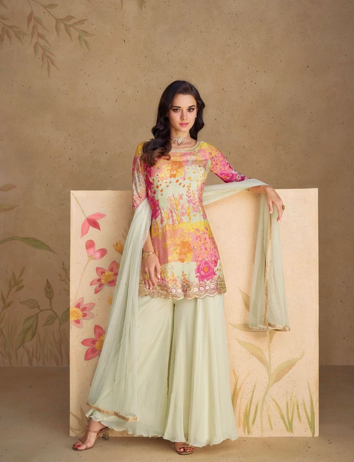 Digital Print pure chinon silk sharara suit