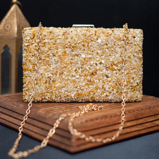 Golden Beige Gravel Stoned Metallic Evening Bags