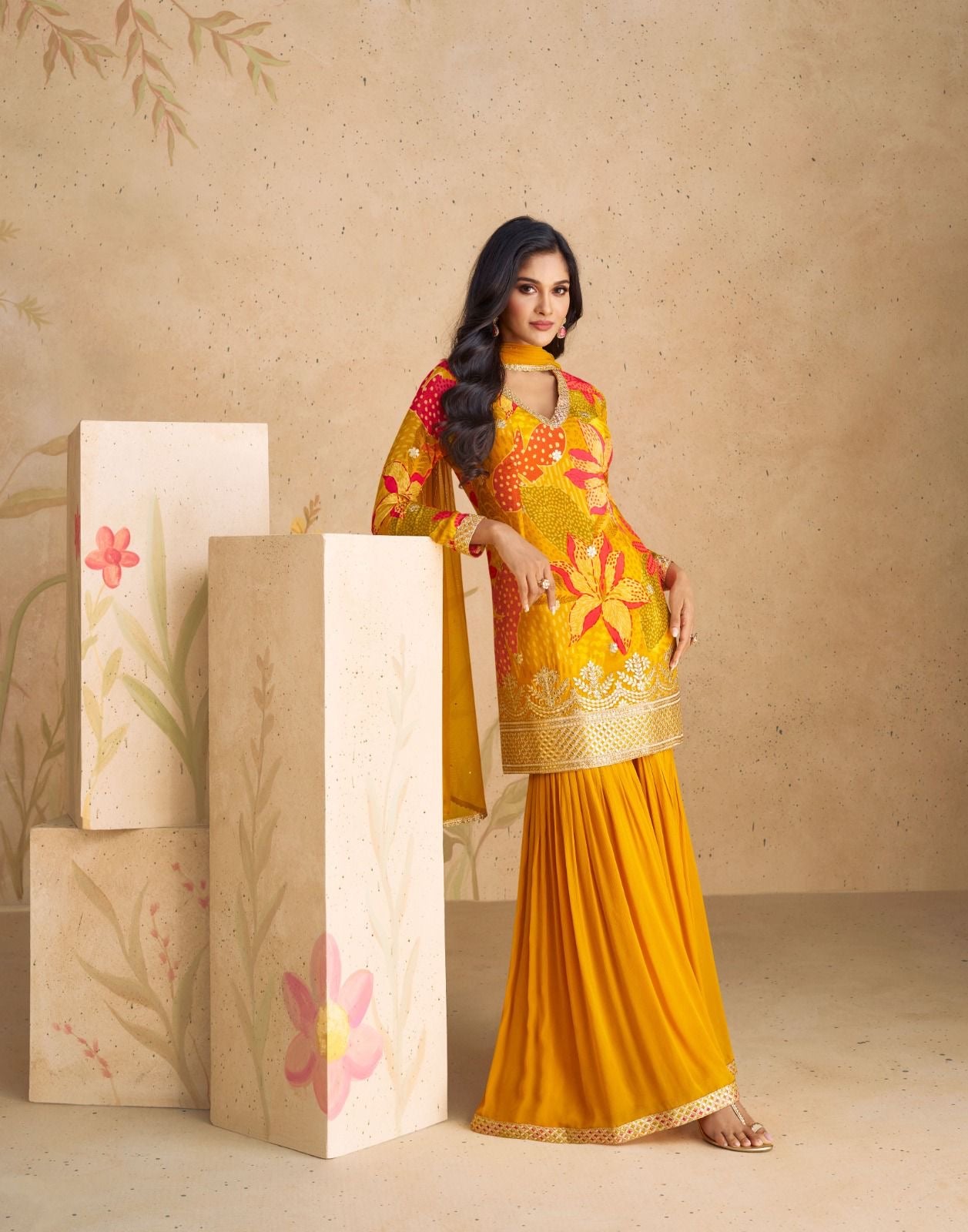 Digital Print pure chinon silk sharara suit