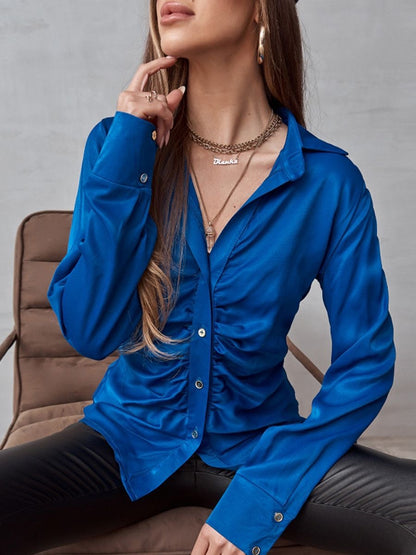 Satin Ruffle Button Down Collared Long Sleeved Shirt