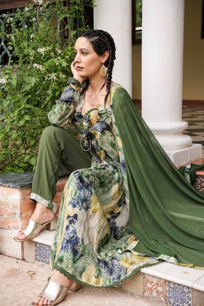 Mehendi Green Digital Print Chinon Nyra Cut Kurti Pant Set With Dupatta