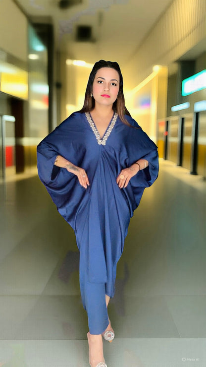 Imported Premium Satin Rhinestone Neckline Kaftan Dress
