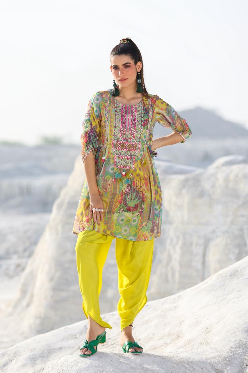 Yellow Printed Chiffon Suit With Tulip Pants