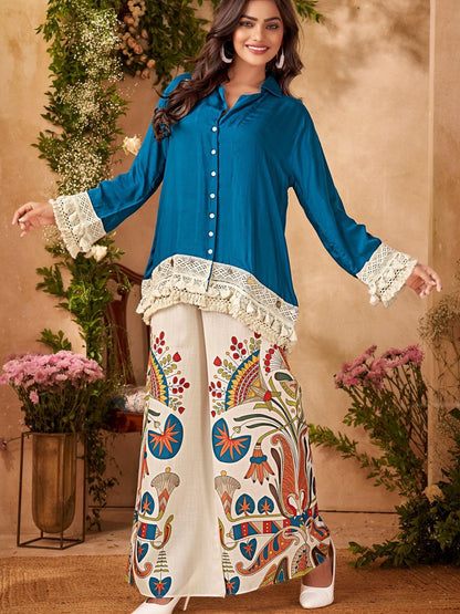 Designer Trendy Co-ord Set With Digital Print Flared Plazo With Fringe Lace Detailing