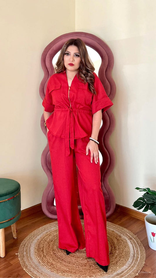 Cotton Linen Drawstring Waist Zip Coord Set