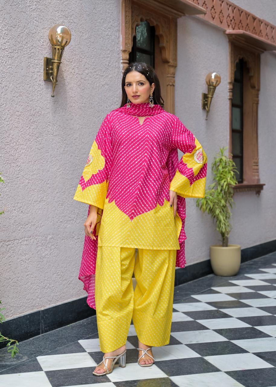 Designer Bandhej Flower Patch Pure Cotton Kurta With Farshi Salwar