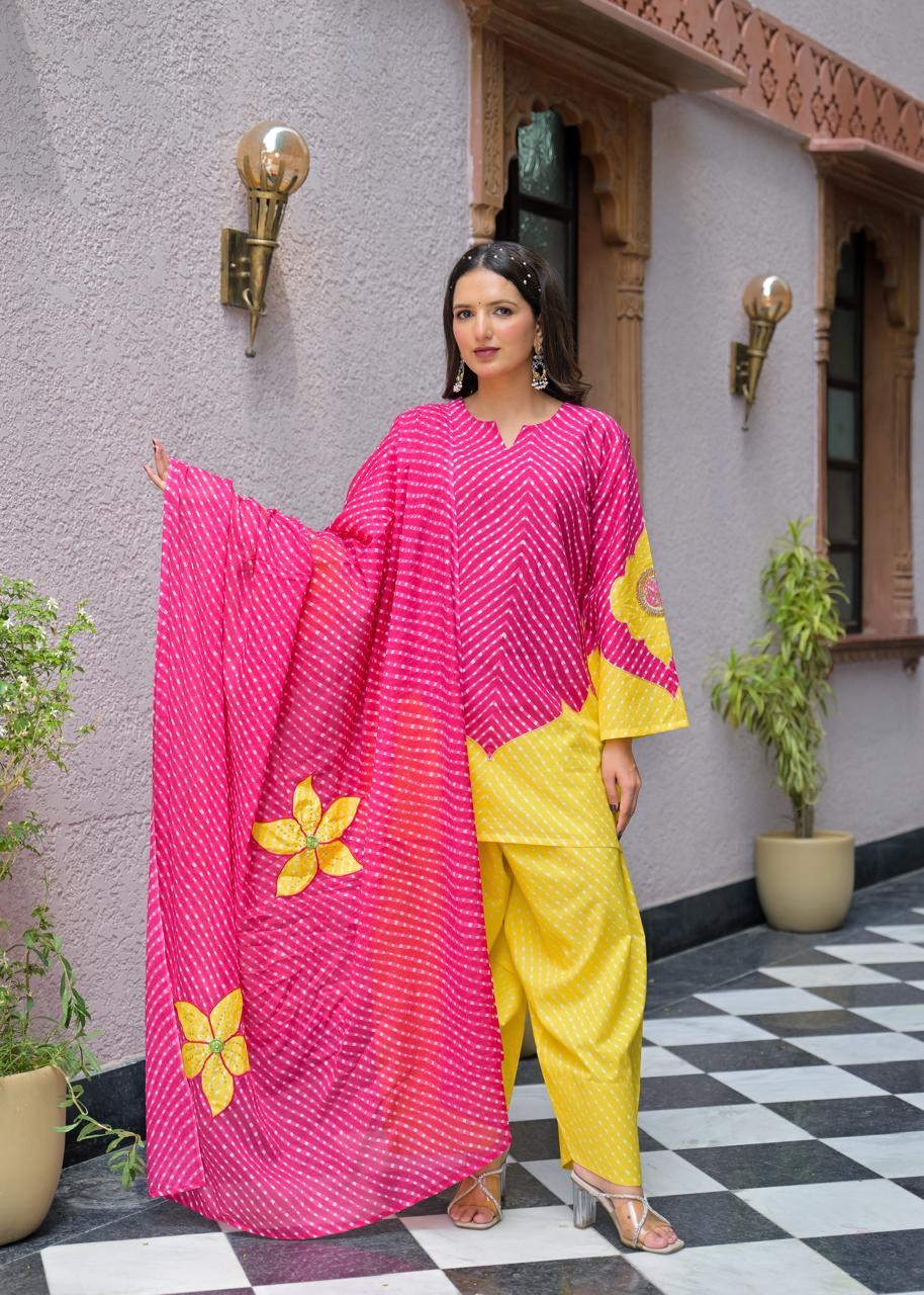 Designer Bandhej Flower Patch Pure Cotton Kurta With Farshi Salwar