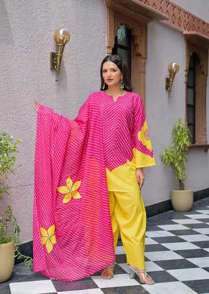 Designer Bandhej Flower Patch Pure Cotton Kurta With Farshi Salwar