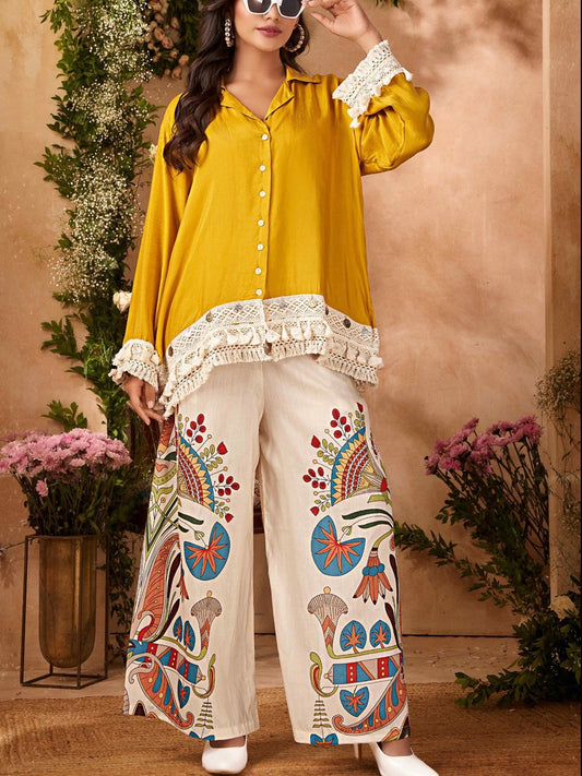 Designer Trendy Co-ord Set With Digital Print Flared Plazo With Fringe Lace Detailing