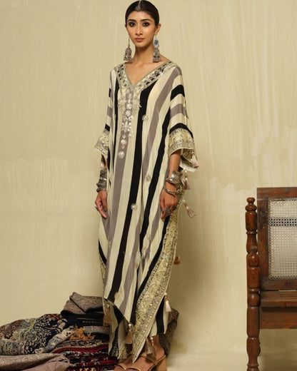 Partywear Designer Stripes Heavy Gota Embroidered Pure Crepe Kaftan set