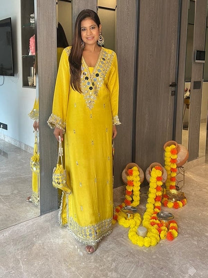 Celebrity Inspired Designer Shimmer Organza Long Dress With Embroidery and Mirror Work Detailing