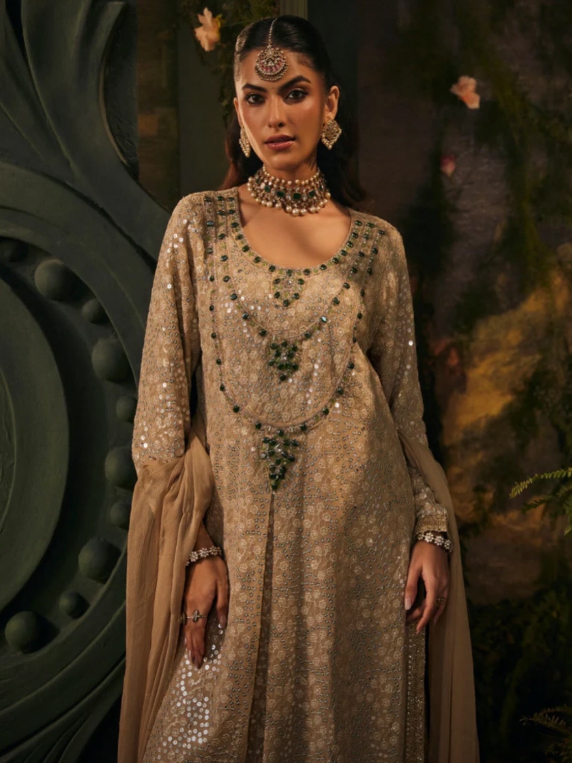 Designer Partywear Champagne Embellished Pakistani Suit Set/Long Kaftan l