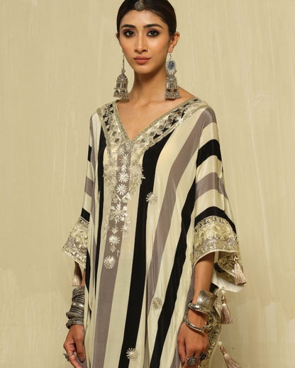 Partywear Designer Stripes Heavy Gota Embroidered Pure Crepe Kaftan set