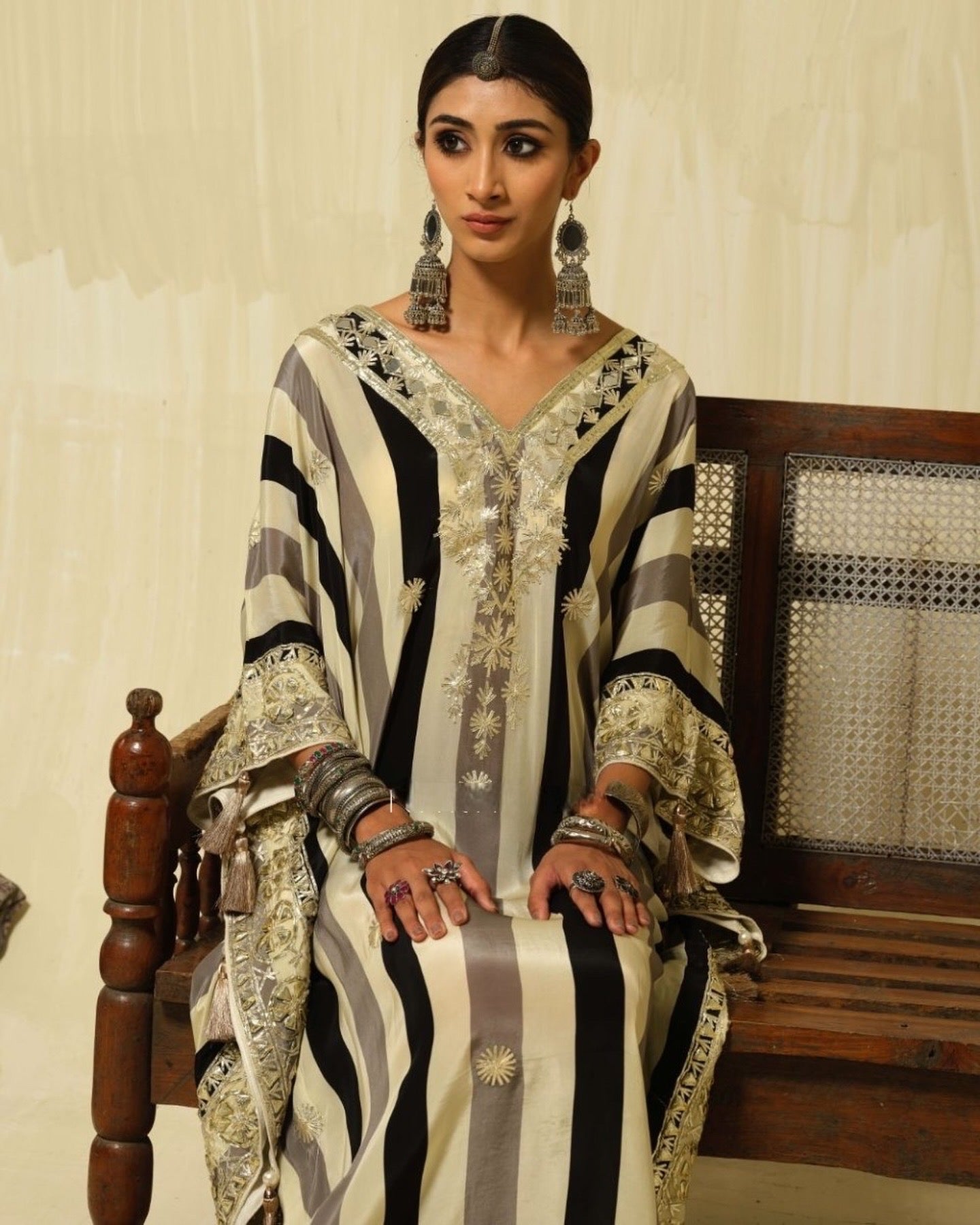 Partywear Designer Stripes Heavy Gota Embroidered Pure Crepe Kaftan set