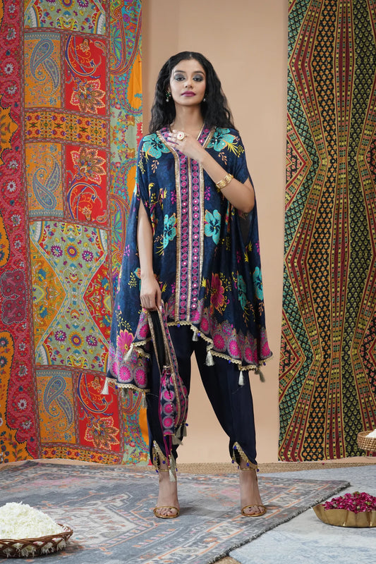 Dark Blue Floral Printed Crepe Silk Kaftan Set