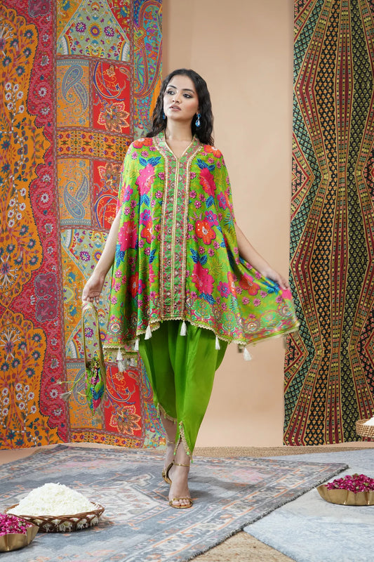 Neon Green Floral Printed Crepe Silk Kaftan Set